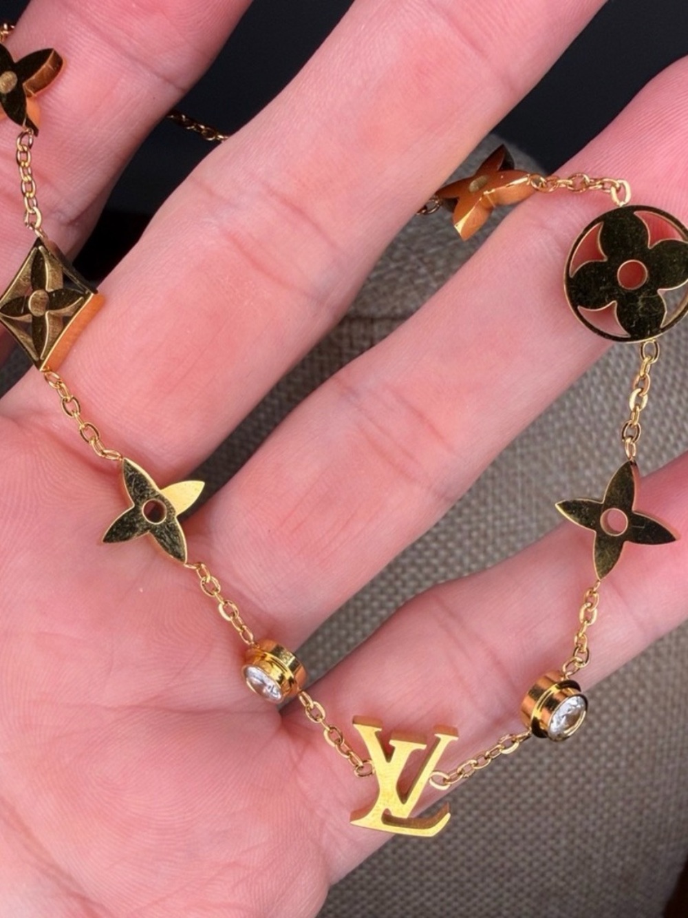 LV Gold Logo Charm Necklace with Crystal Accents - Picture 2 of 3